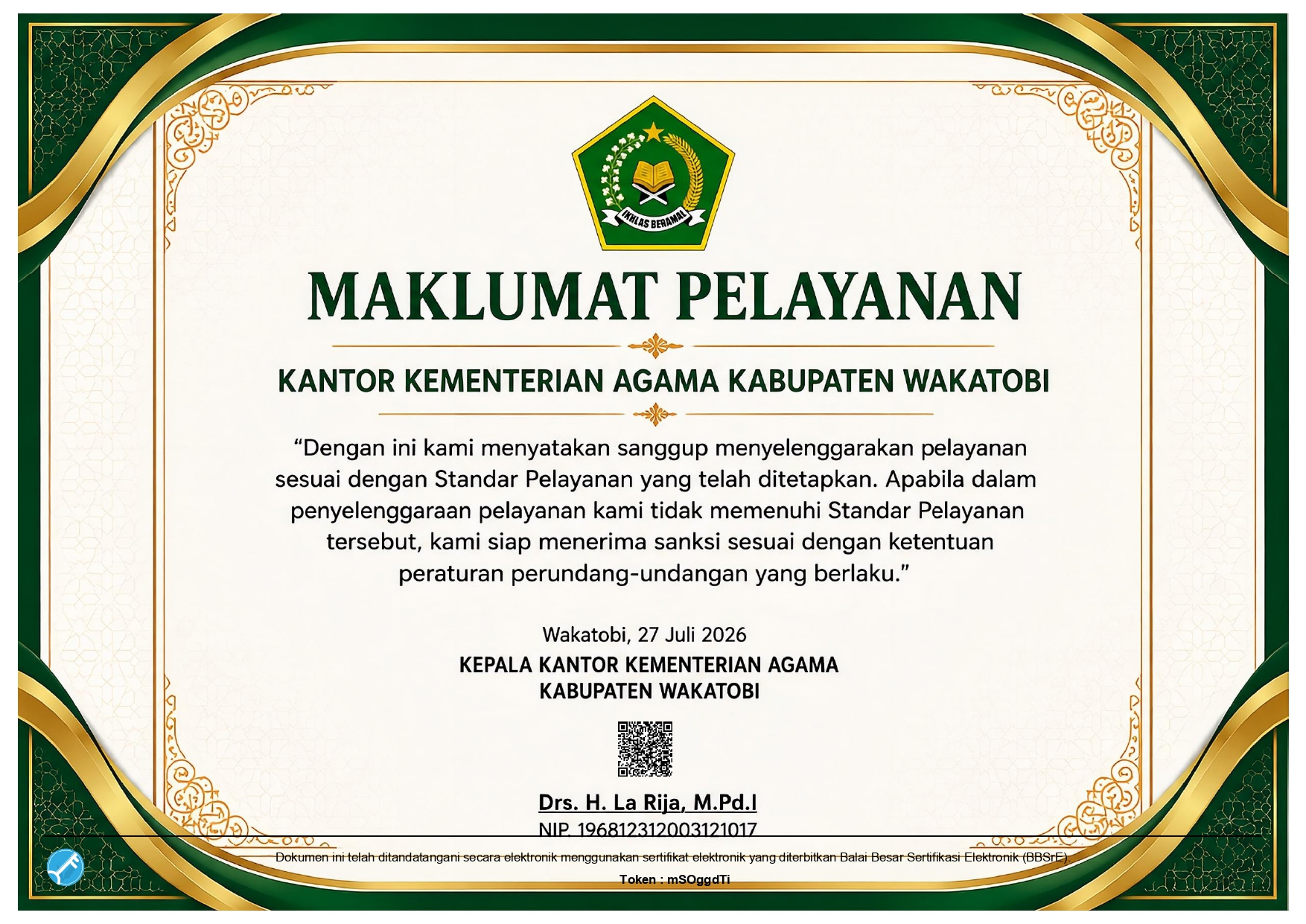 Maklumat Pelayanan Kantor Kementerian Agama Kabupaten Wakatobi